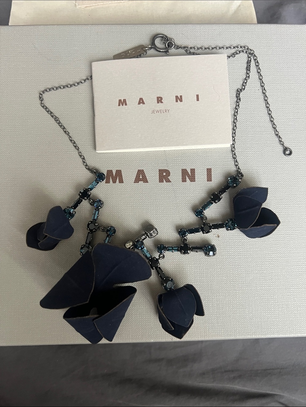 Marni Navy Blue Floral Crystal Drop Necklace